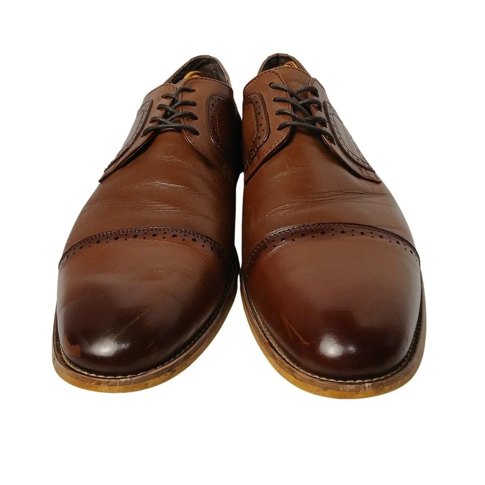 Stacy Adams Mens Cap Toe Oxford Dress‎ Shoes Cognac Brown Leather Brogue Lace Up